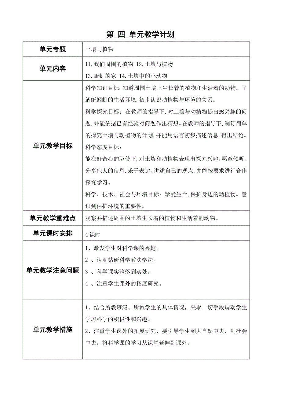 (完整版)青岛版一年级科学下册单元教学计划.doc_第4页