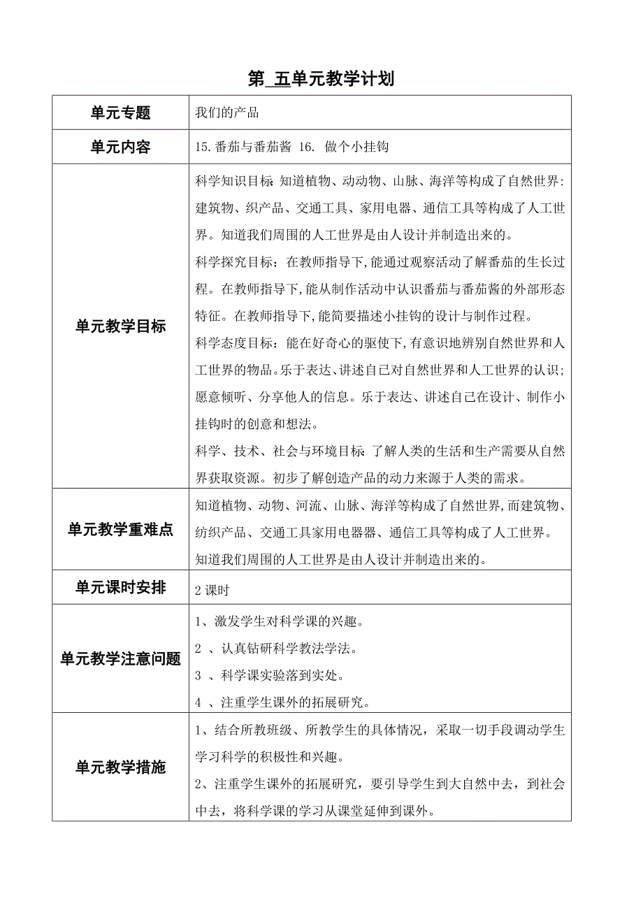 (完整版)青岛版一年级科学下册单元教学计划.doc_第5页