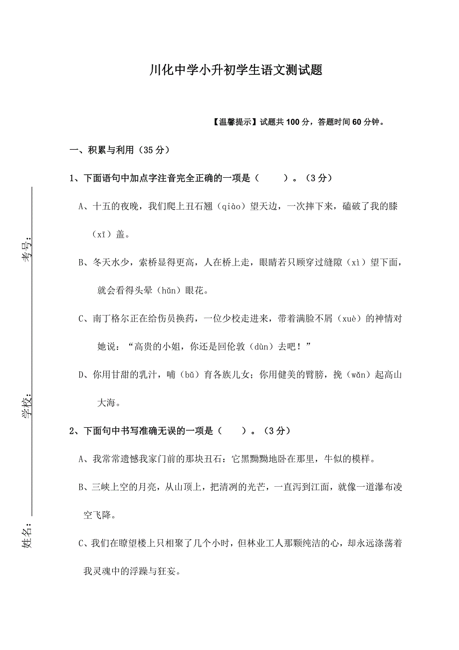 2024年川化中学小升初学生语文测试题_第1页