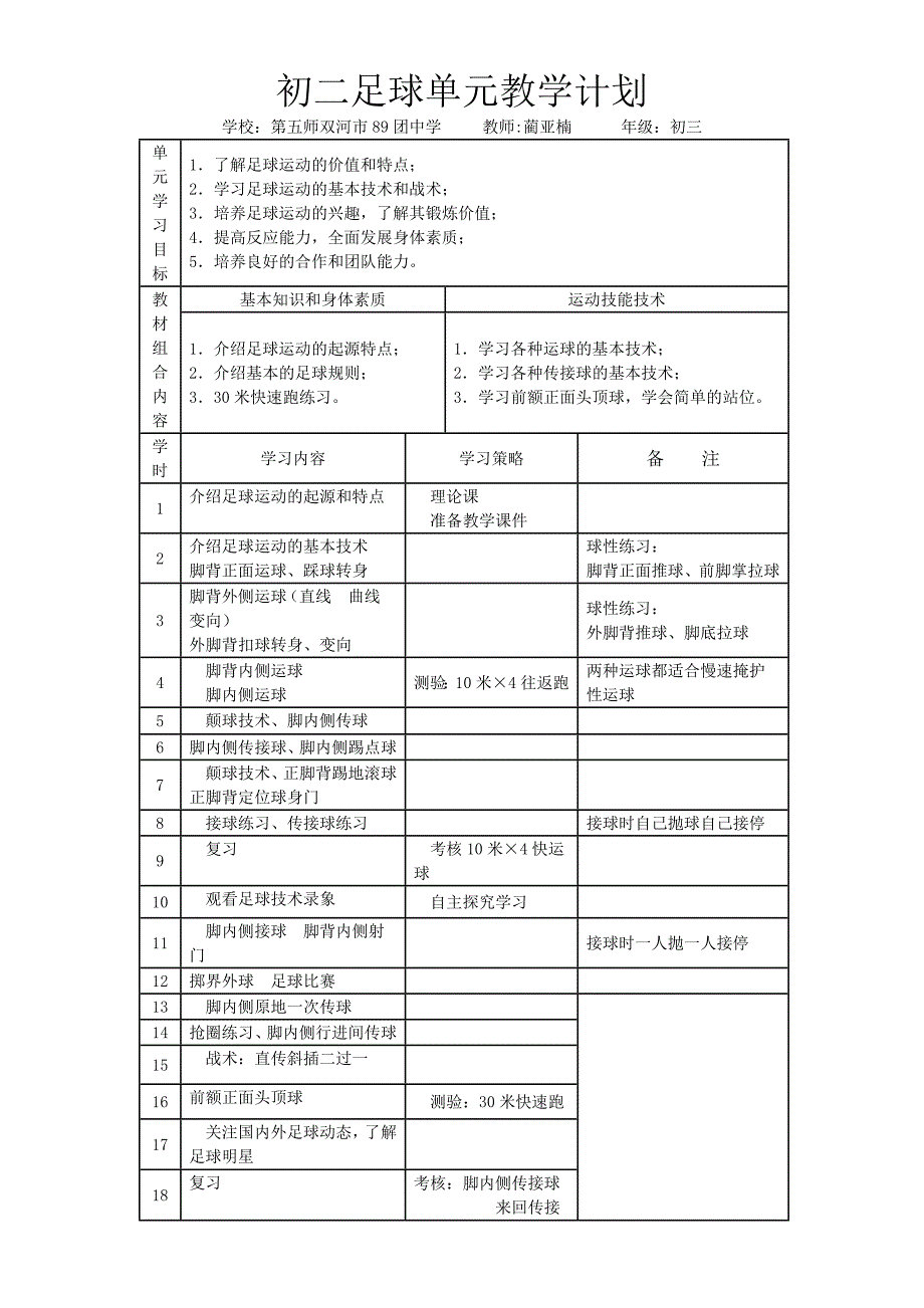 初二足球单元教学计划.docx_第1页