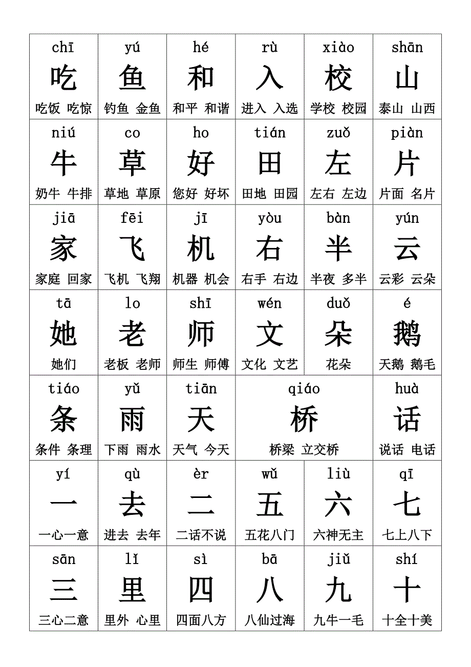 人教版一年级上册生字卡片带拼音组词可打印_第2页