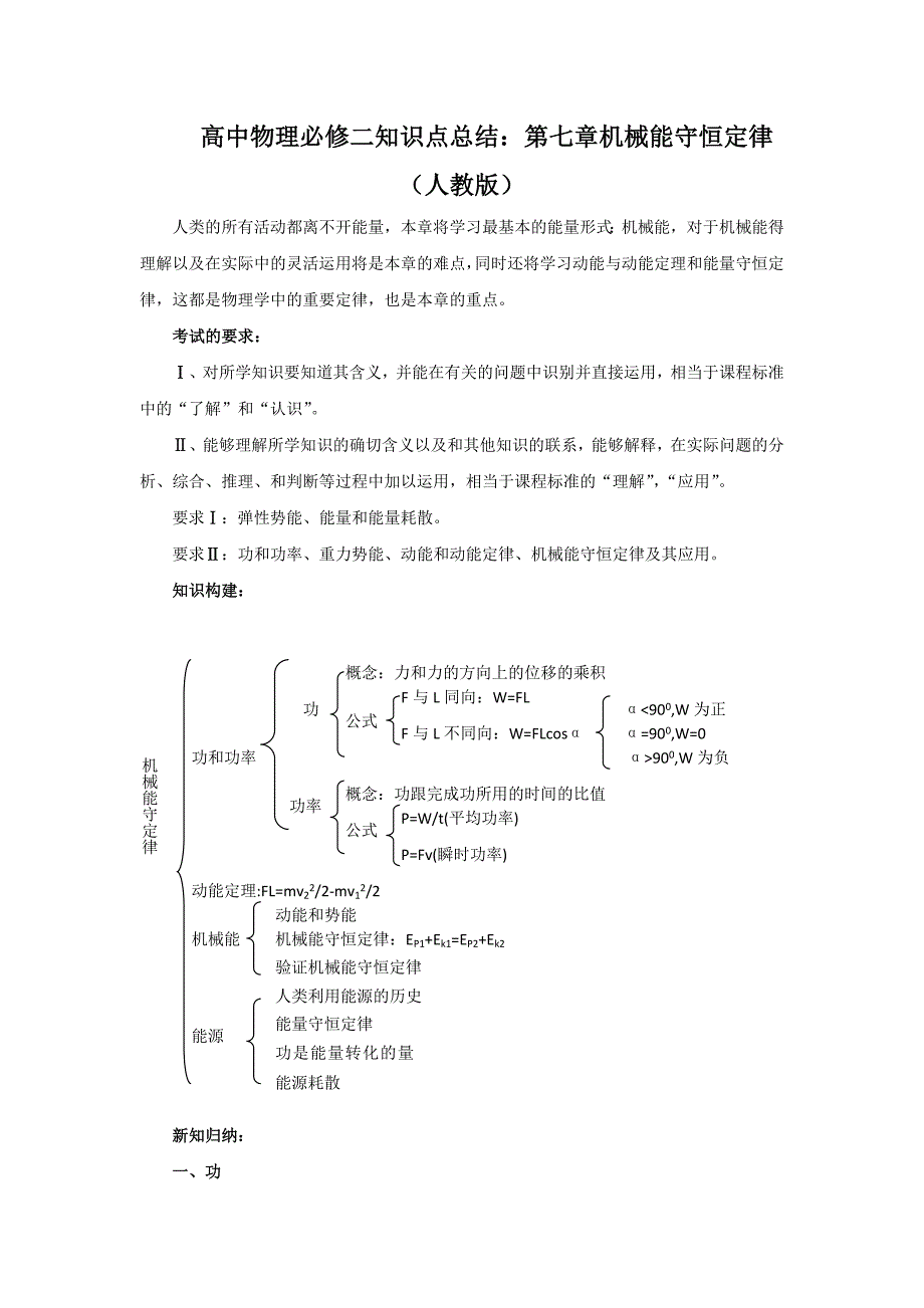 高中物理必修二知识复习提纲：第七章 机械能守恒定律(人教版)_第1页