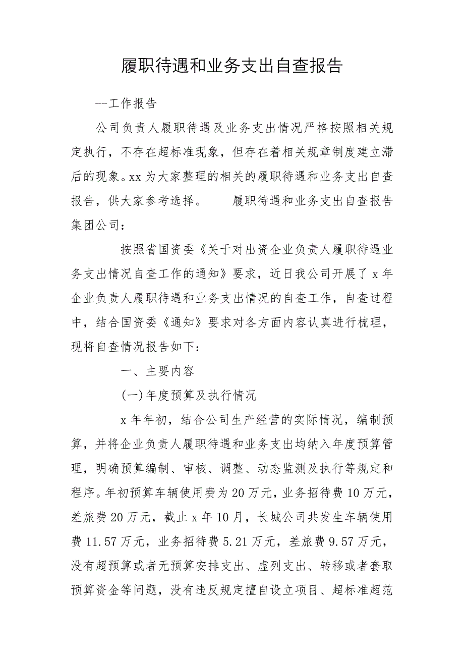 履职待遇和业务支出自查报告_第1页