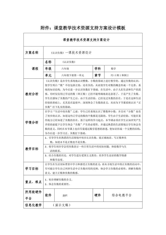课堂教学技术资源支持方案设计《认识负数》