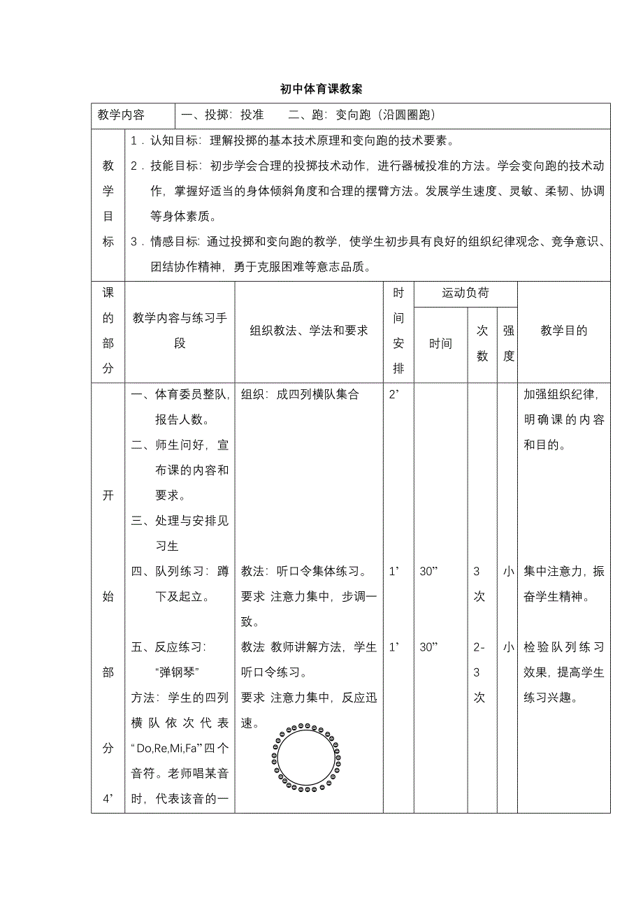 一、投掷：投准　　二、跑：变向跑（沿圆圈跑）.doc_第1页