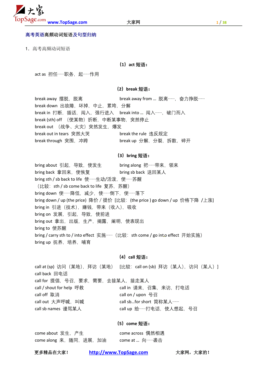 高考英语高频动词短语及句型归纳.doc_第1页