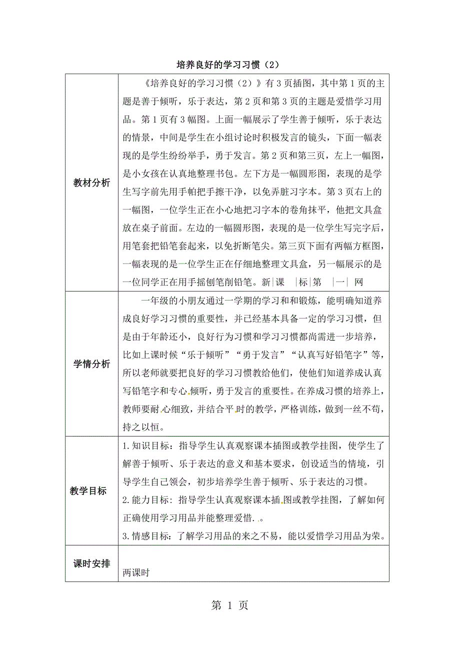 2023年一年级下册语文教学设计培养良好的学习习惯2第一课时苏教版 2.docx_第1页