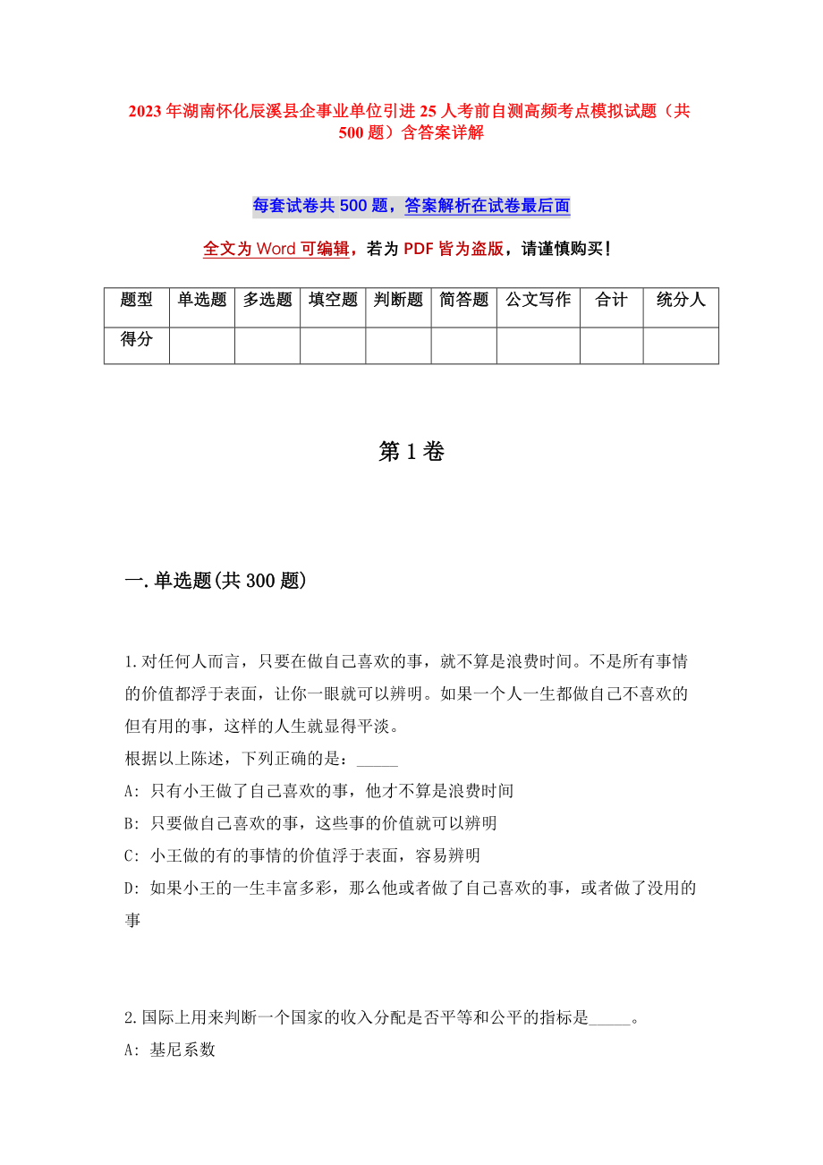 2023年湖南怀化辰溪县企事业单位引进25人考前自测高频考点模拟试题（共500题）含答案详解_第1页