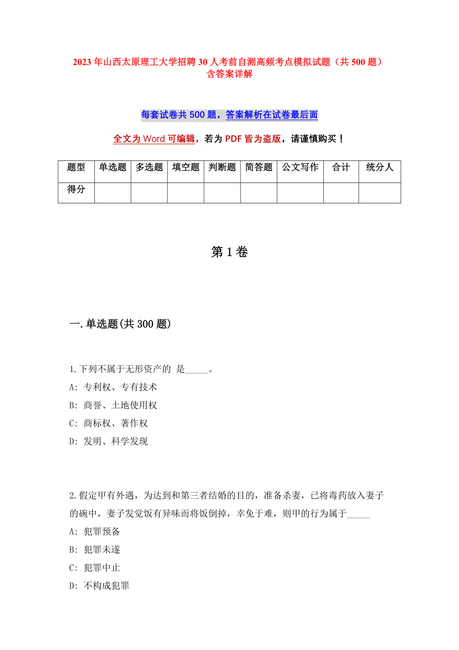 2023年山西太原理工大学招聘30人考前自测高频考点模拟试题（共500题）含答案详解_第1页