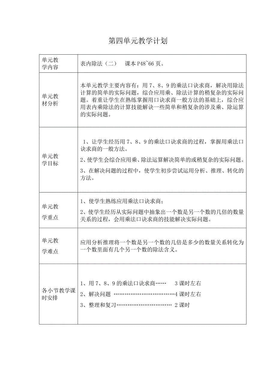 二年级数学下册单元教学计划.doc_第4页