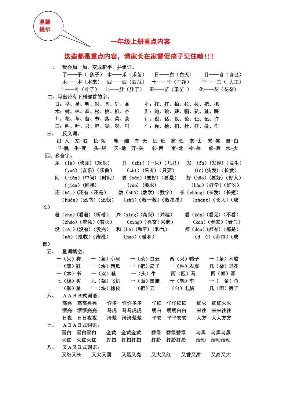 一年级语文上册重点内容.doc_第1页