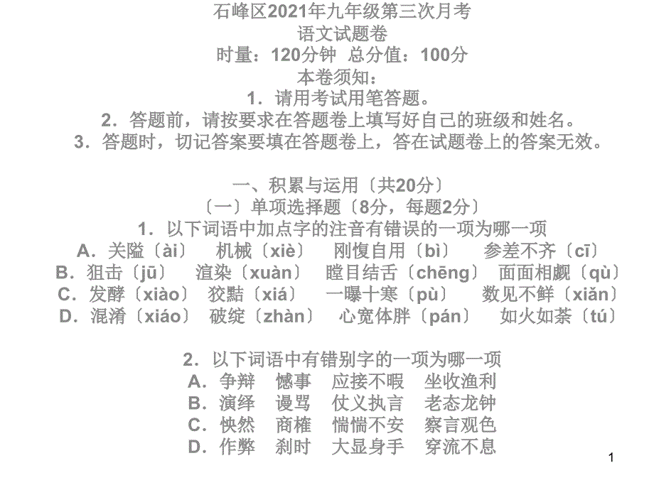 2013年中考语文模拟试卷_第1页