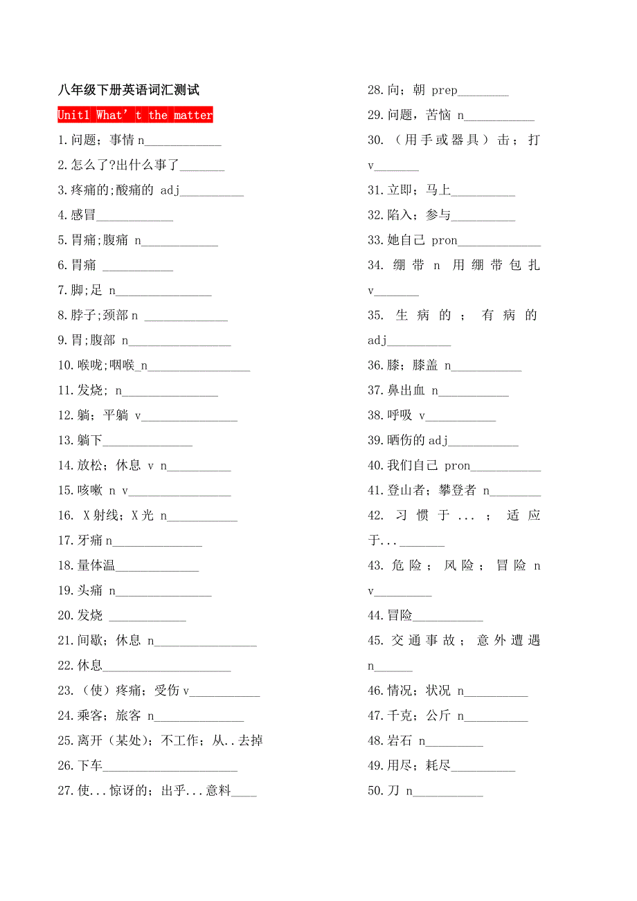 2014年春季人教版八年级下册英语单词与词组测试U1-10.doc_第1页