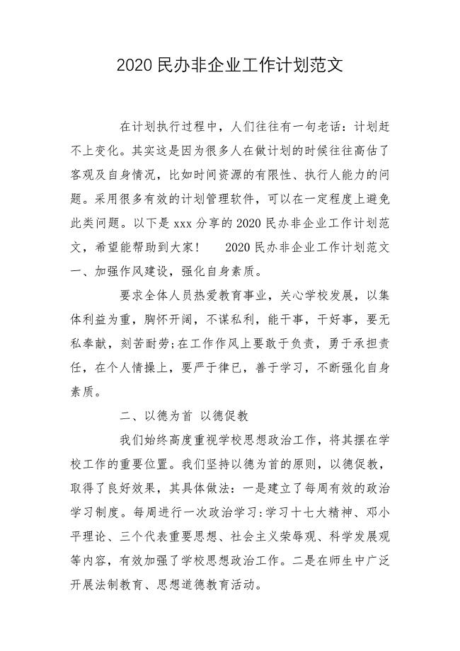 2020民办非企业工作计划范文