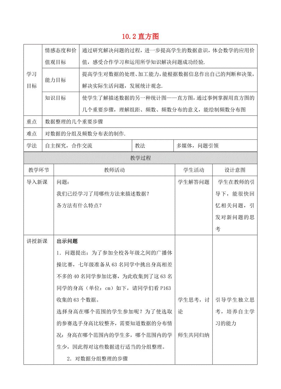 七年级数学下册 10.2 直方图教学设计 （新版）新人教版_第1页