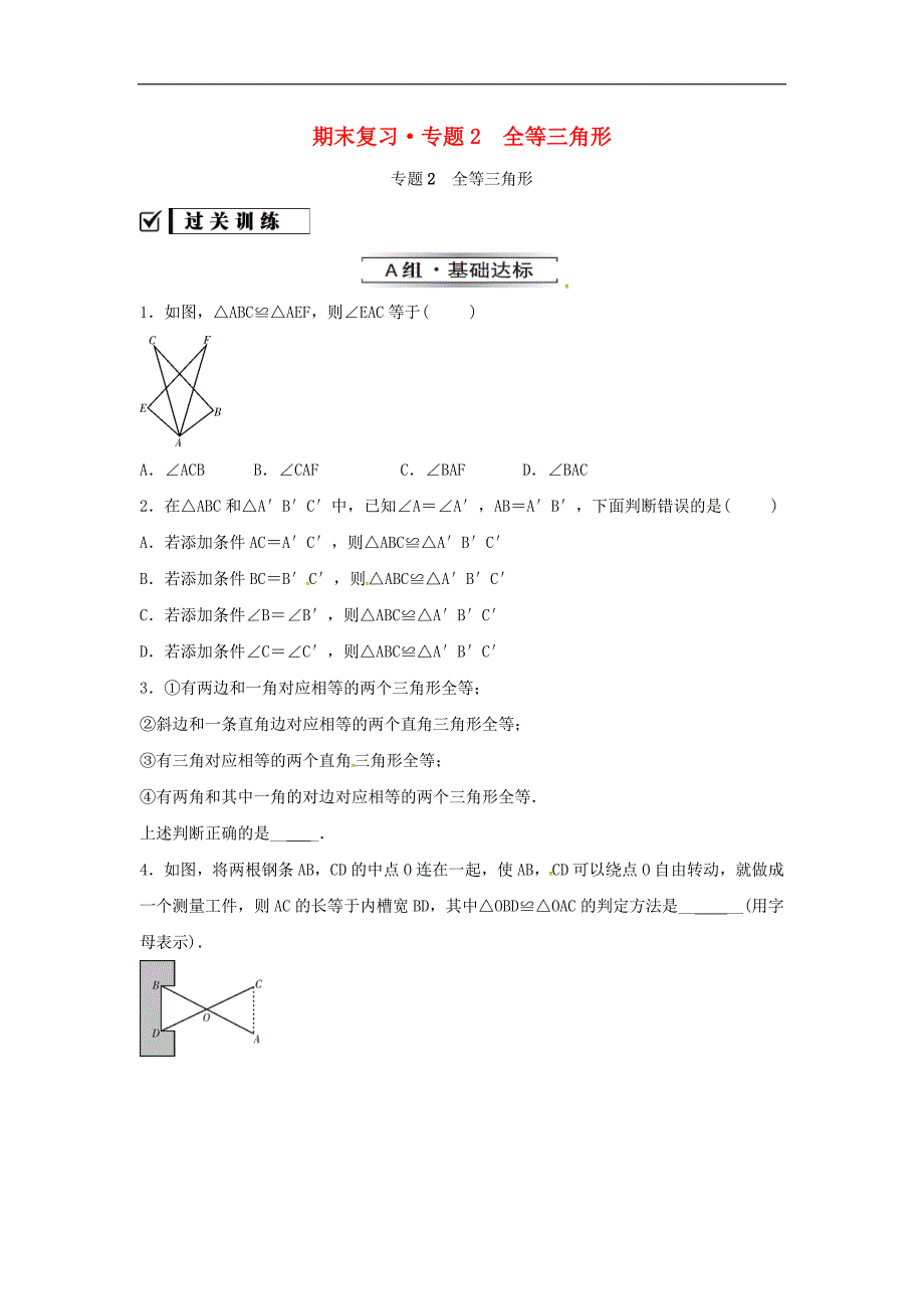 2020年人教版八年级数学上册 分层练习作业本 《期末复习专题 全等三角形》（含答案）.doc_第1页