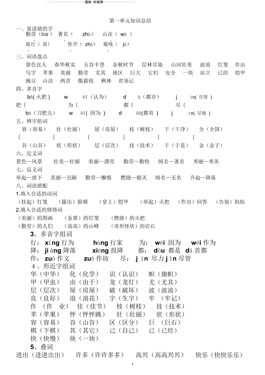 小学二年级语文上册各单元重点知识总结_第1页