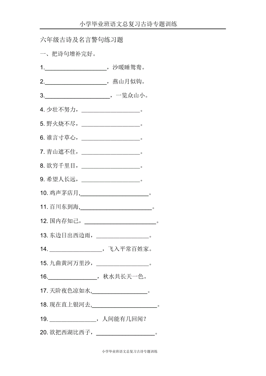 小学毕业班语文总复习专题分类训练六年级古诗及名言警句练习题.doc_第1页