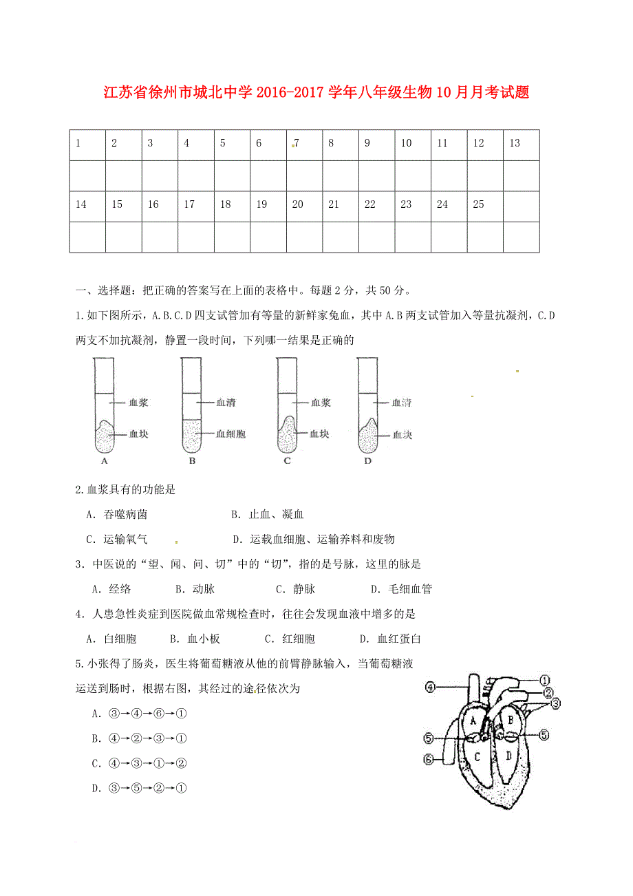 八年级生物10月月考试题（无答案） 苏教版_第1页