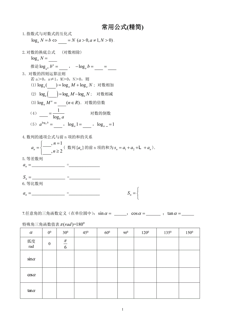 高中数学公式填空(精简版).doc_第1页