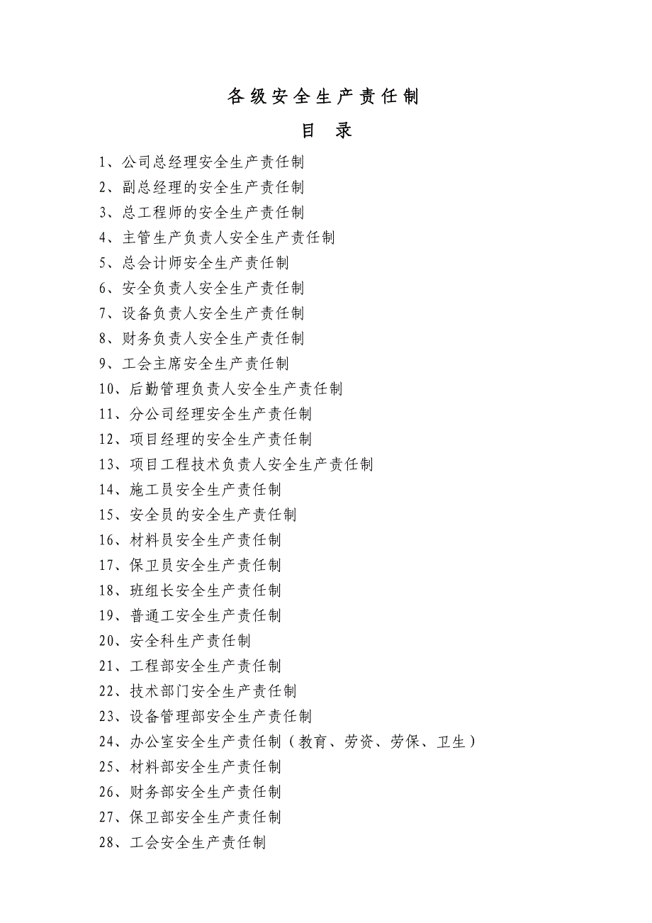 公司各级安全生产责任制目录及文件;_第1页