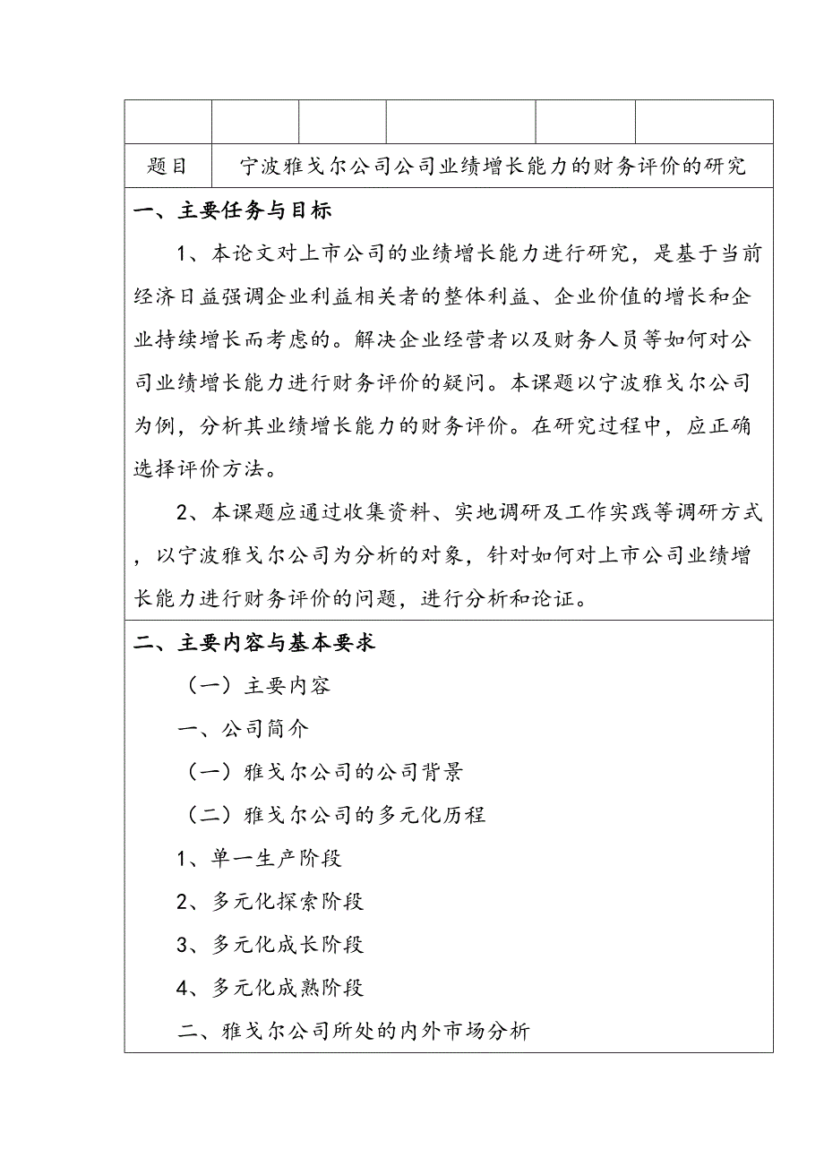 宁波雅戈尔公司公司业绩增长能力的财务评价的研究分析任务书_第1页