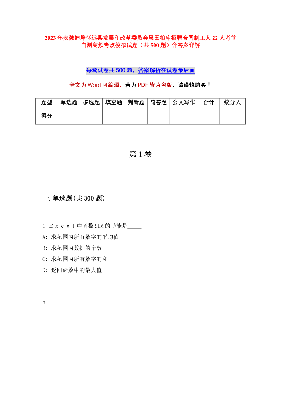 2023年安徽蚌埠怀远县发展和改革委员会属国粮库招聘合同制工人22人考前自测高频考点模拟试题（共500题）含答案详解_第1页