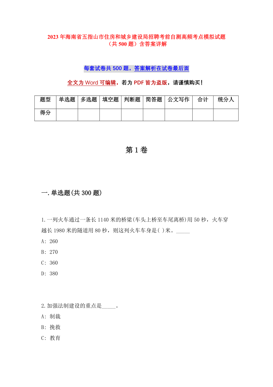 2023年海南省五指山市住房和城乡建设局招聘考前自测高频考点模拟试题（共500题）含答案详解_第1页